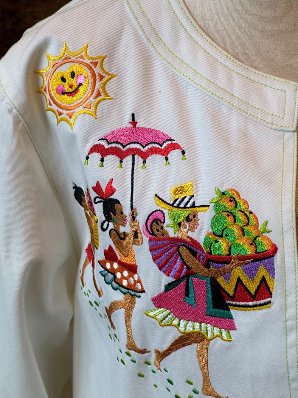 Bob Mackie White Embroidered Market Scene Blazer - Picture 2 of 9
